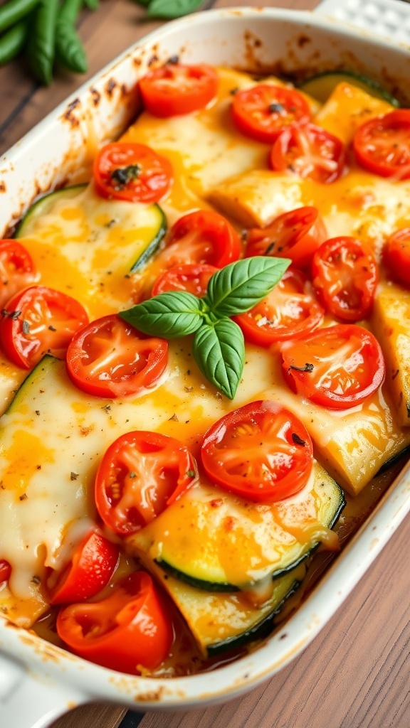 Cheesy tomato zucchini bake with layers of zucchini and tomatoes, garnished with basil, in a rustic dish.